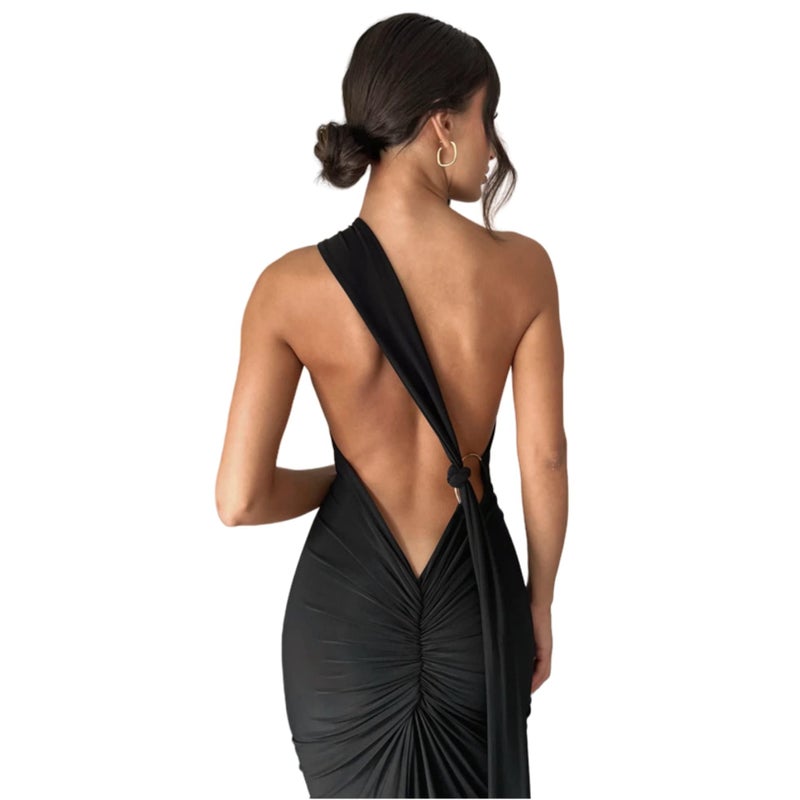 JUMISEE Women's Sexy One Shoulder Backless Maxi Dress Elegant Ruched O Ring Sleeveless Evening Dress Long Gown Cocktail Dresses Black - Image 4