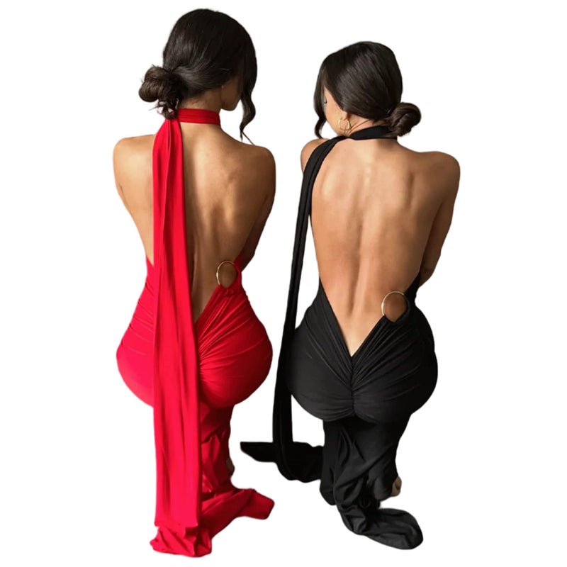 JUMISEE Women's Sexy One Shoulder Backless Maxi Dress Elegant Ruched O Ring Sleeveless Evening Dress Long Gown Cocktail Dresses Black - Image 5