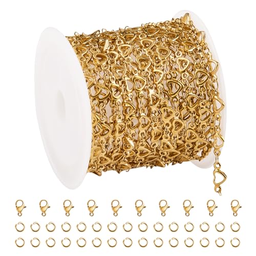 YOUBEIYEE 4 Meters Gold Plated Stainless Steel Jewelry Making Chain Hollow Heart Chain for Jewelry Making with Lobster Clasps Jump Rings - Image 1