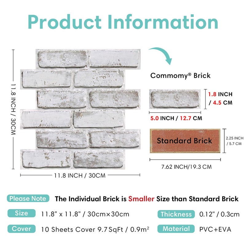 Commomy 3D Faux Brick Peel and Stick Tiles - 10 pcs 11.8" x 11.8" Small Size Thin PVC Brick Wall Panels Warmwhite Brick Wallpaper Backsplash for Kitchen,Fireplace,Quick Interior DIY Home Wall Decor - Image 5
