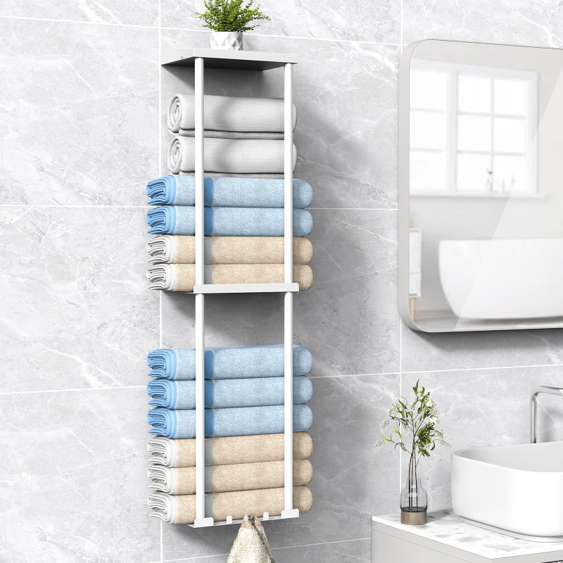 Liuoud Towel Rack for Bathroom Wall Mounted Vertical Rolled Towel Storage Organizer Holder with Shelf Holds Up 6 Large Bath Sheets White