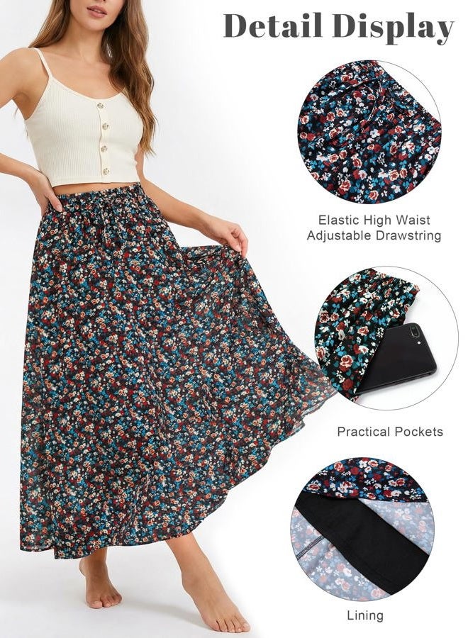 Yanziliu Maxi Skirt for Women Floral Boho A-line Long Summer Skirts with Elastic High Waist Adjustable Drawstring, Pockets, Black Red Rose Print, One size - Image 4