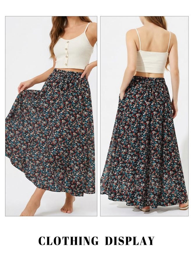 Yanziliu Maxi Skirt for Women Floral Boho A-line Long Summer Skirts with Elastic High Waist Adjustable Drawstring, Pockets, Black Red Rose Print, One size - Image 5