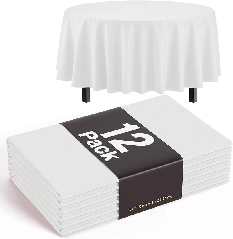 Exquisite 12-Pack Plastic Tablecloth 84 inch Round Value Pack Plastic Table Cover - White - Image 1