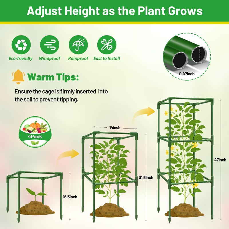 Legigo 4 Pack Tomato Cages with 17 Gallon Grow Bags- 47 Inch Square Tomato Cages for Garden, Heavy-Duty Tomato Stakes Plant Support Cages Trellis for Garden Vertical Climbing Plants Vegetables - Image 2