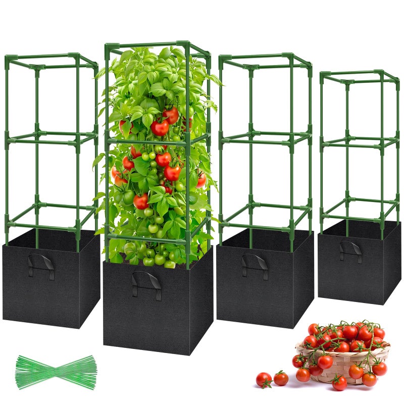 Legigo 4 Pack Tomato Cages with 17 Gallon Grow Bags- 47 Inch Square Tomato Cages for Garden, Heavy-Duty Tomato Stakes Plant Support Cages Trellis for Garden Vertical Climbing Plants Vegetables - Image 1