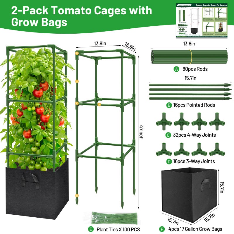 Legigo 4 Pack Tomato Cages with 17 Gallon Grow Bags- 47 Inch Square Tomato Cages for Garden, Heavy-Duty Tomato Stakes Plant Support Cages Trellis for Garden Vertical Climbing Plants Vegetables - Image 5