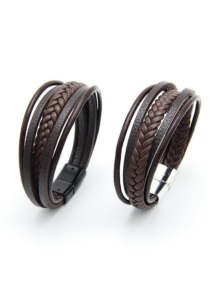 Mark Fairwhale Men's Multi-Layer Hand Woven Leather Rope Magnetic Retro Bracelet  - Image 2