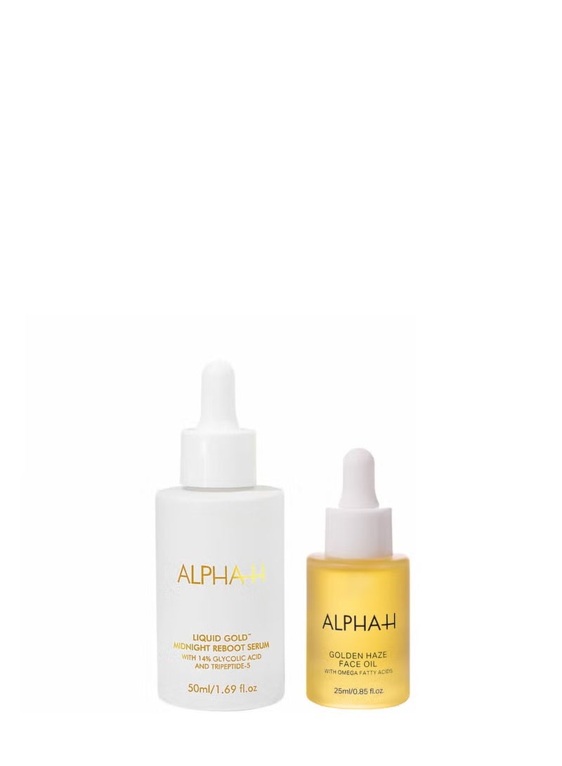 Alpha-H Plump and Firm Duo Liquid Gold Midnight Reboot Serum 50ml,Golden Haze Face Oil 25ml - Image 1