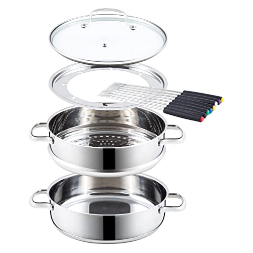 Nuwave Design-18/8 Stainless Steel Cookware,Free of PTFE PFOA PFOS,Fondue Pot Set,Works On All Cooktops and Induction Cooker,Include Pot,Steamer Basket,Glass Lid and 8 Fondue Forks,10 -Yeär Wärranty, 3.5Qt Pot, Silver - Image 1