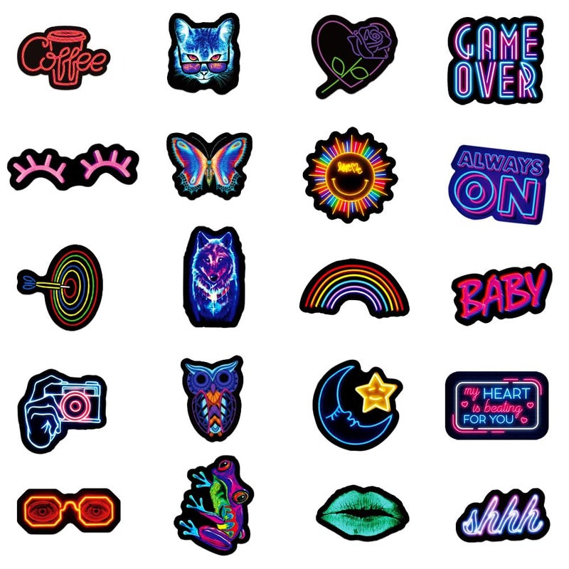 PRETTY SUNSHINE 100Pcs Neon Stickers Decal, Waterproof Vinyl Stickers Pack for Bumper, Laptop, Skateboard, Water Bottle, Luggage, Phone, Graffiti Stickers for Adults - Image 3
