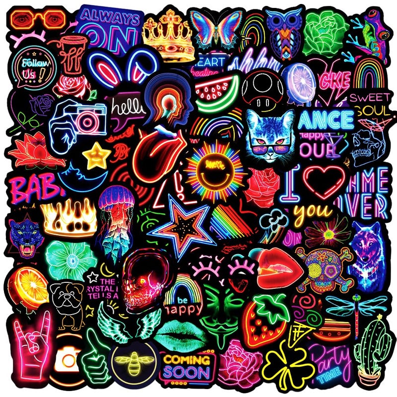 PRETTY SUNSHINE 100Pcs Neon Stickers Decal, Waterproof Vinyl Stickers Pack for Bumper, Laptop, Skateboard, Water Bottle, Luggage, Phone, Graffiti Stickers for Adults - Image 1