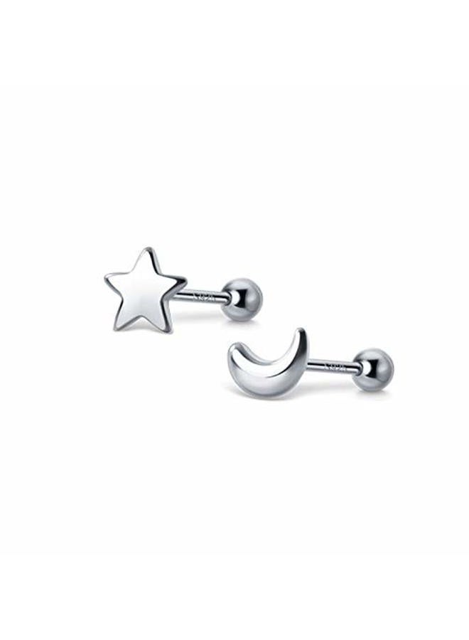 Izpack Minimalist Moon Star Cartilage Stud Earrings S925 Sterling Silver Fashion Small Tiny Earring Studs Asymmetrical Tragus Screw Back Ear Piercing for Women Girls, Sterling Silver, No Gemstone - Image 1