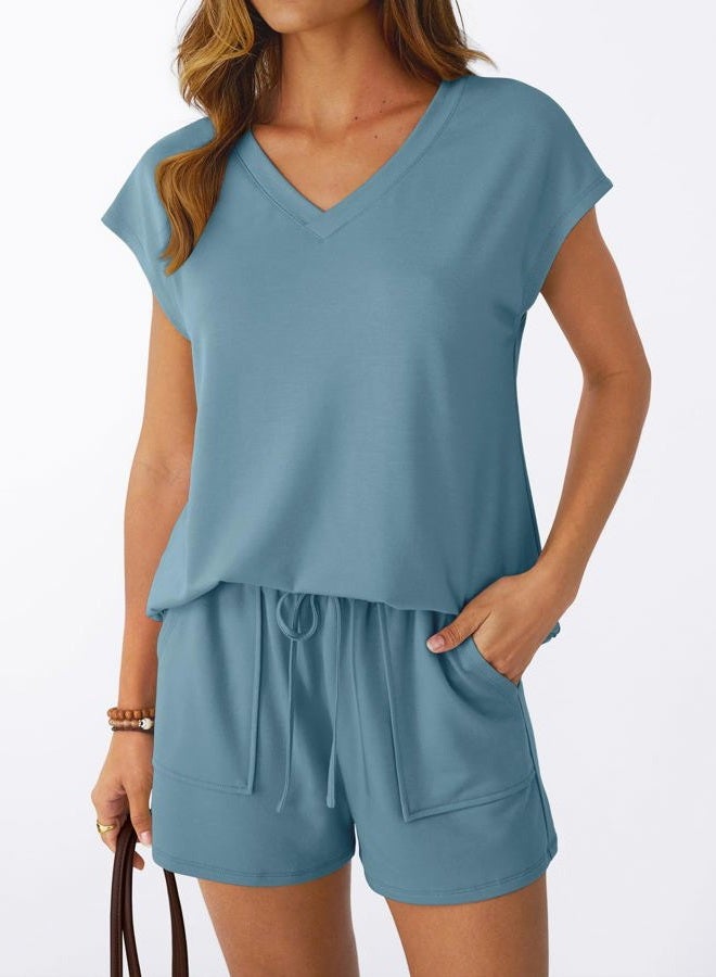 AUTOMET 2 Piece V Neck Cap Sleeve Shirt and Shorts Set Womens Matching Summer Lounge Sets, Dusty Blue, M - Image 3