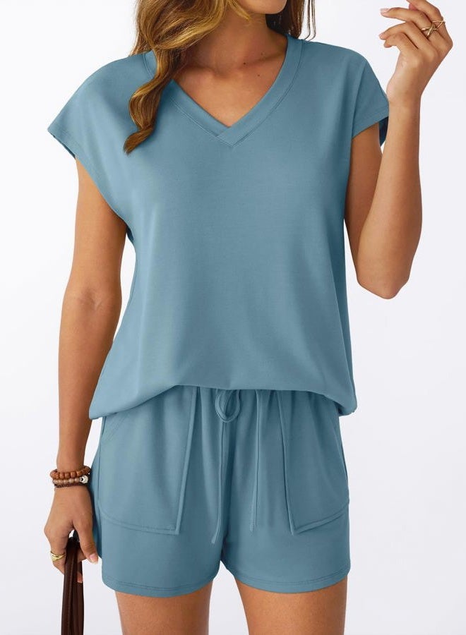 AUTOMET 2 Piece V Neck Cap Sleeve Shirt and Shorts Set Womens Matching Summer Lounge Sets, Dusty Blue, M - Image 2