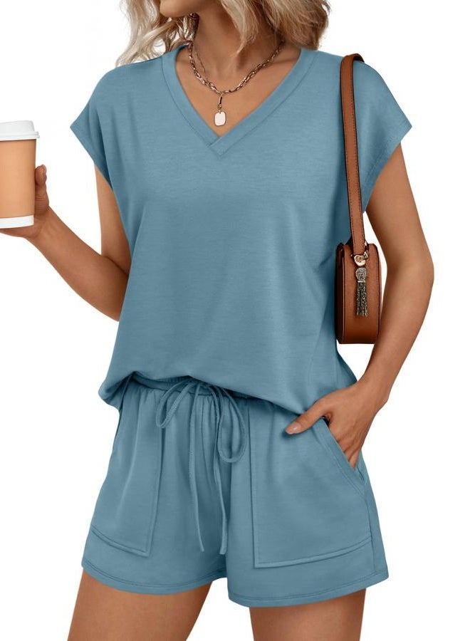 AUTOMET 2 Piece V Neck Cap Sleeve Shirt and Shorts Set Womens Matching Summer Lounge Sets, Dusty Blue, M - Image 1
