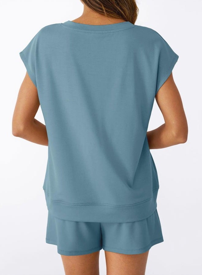AUTOMET 2 Piece V Neck Cap Sleeve Shirt and Shorts Set Womens Matching Summer Lounge Sets, Dusty Blue, M - Image 4