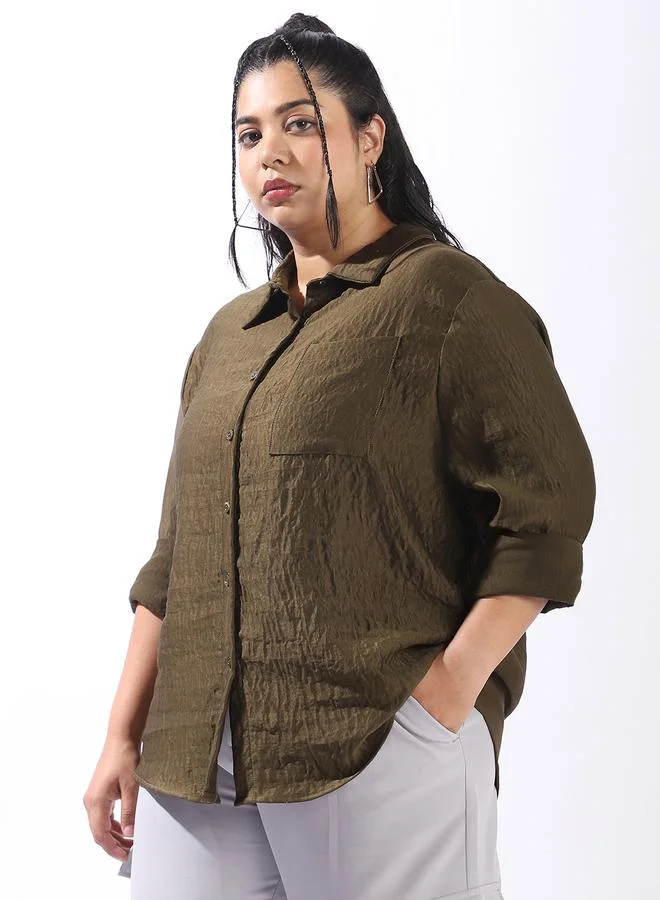 HIGH STAR Women's Green 100% Polyester Solid Pattern Plus Size Button Down Boxy Shirt