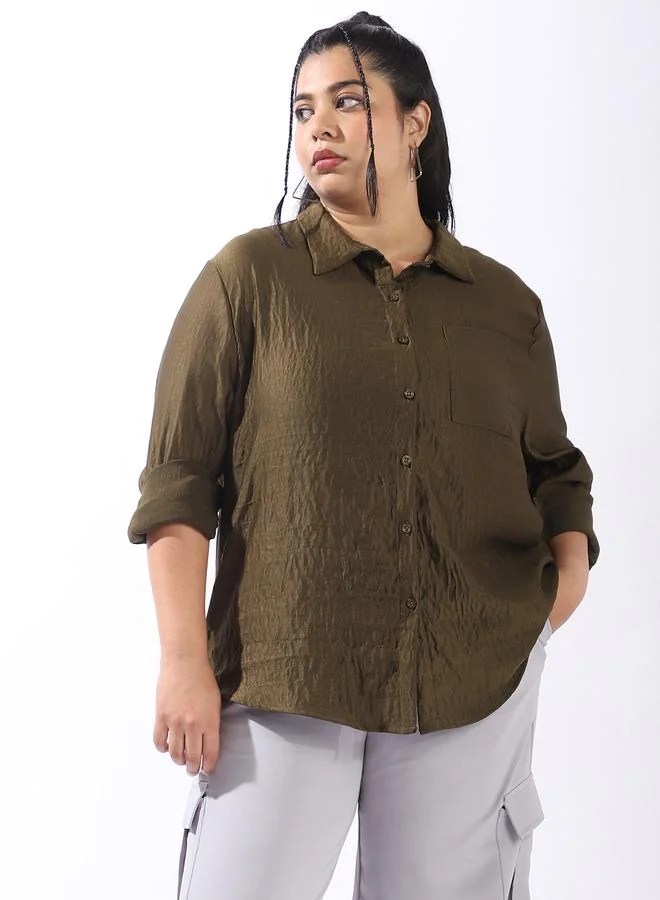 HIGH STAR Women's Green 100% Polyester Solid Pattern Plus Size Button Down Boxy Shirt
