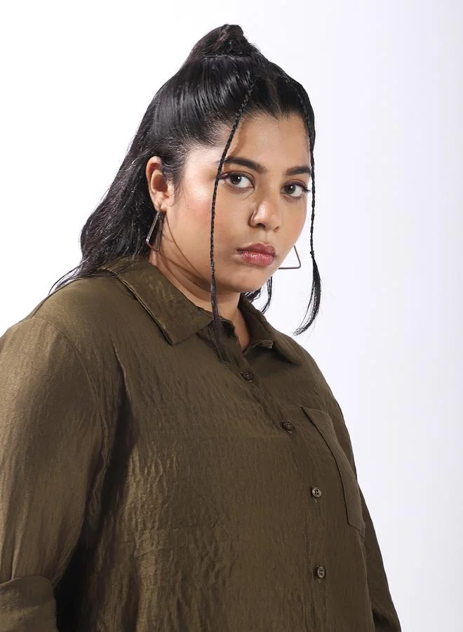 HIGH STAR Women's Green 100% Polyester Solid Pattern Plus Size Button Down Boxy Shirt