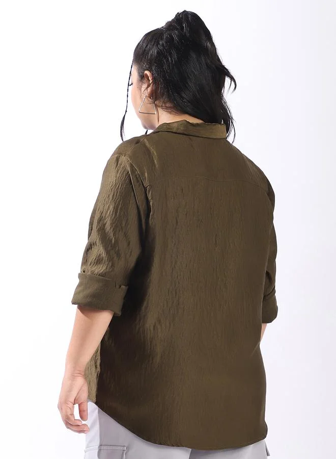 HIGH STAR Women's Green 100% Polyester Solid Pattern Plus Size Button Down Boxy Shirt