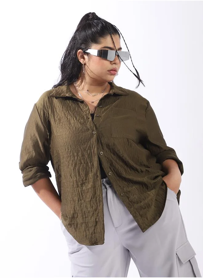 HIGH STAR Green Shirts Solid Button Woven Shirt Collar Long Sleeves for Women – Make every day iconic