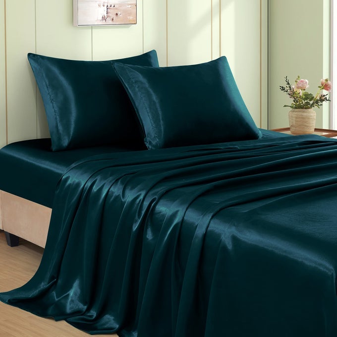 4PCS DARK TEAL SATIN SHEETS KING SIZE BED SET 15 INCH DEEP POCKET SILKY SATIN SHEET SET SOFT SATIN BEDDING SET COOLING LUXURY BED SHEETS 1 FITTED SHEET 1 FLAT SHEET 2 PILLOWCASES