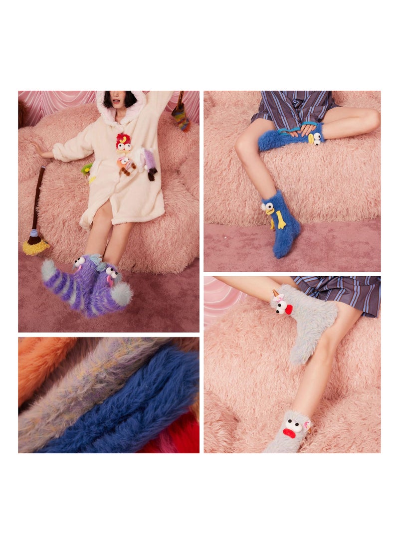 Warm Cozy Fluffy Cartoon Monster Socks Coral Velvet Three Dimensional Quirky Ugly Plush Funny for Women Novelty - Image 4