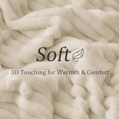 BEDELITE Fleece Throw Blanket for Couch - 300GSM Soft & Warm Fluffy Beige Blanket, Decorative and Giftable Striped Blankets for Women, Men, 50"x60" - Image 5