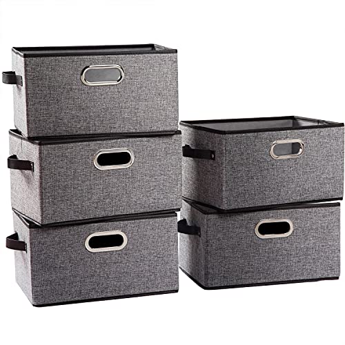 PRANDOM Fodable Storage Baskets for Closet [5-Pack] Decorative Fabric Storage Bins Cubes with Leather/Metal Handles for Shelves Bedroom Living Room Grey (11.5x8.5x6.7 Inch) - Image 1