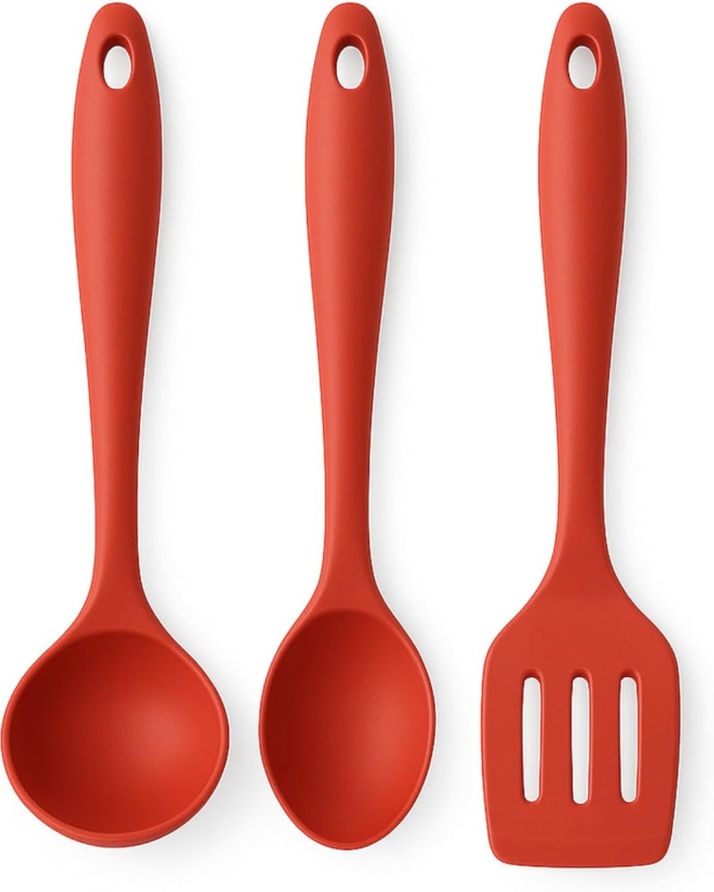 3PCS Silicone Kitchen Utensils Set 3PCS â€“ Soup Ladle + Serving Spoon + Slotted Spoon â€“ Food Contact Safe, Heat Resistant Up to 230Â°C, Suitable for Nonstick Utensils, Ergonomic Handle (Red)