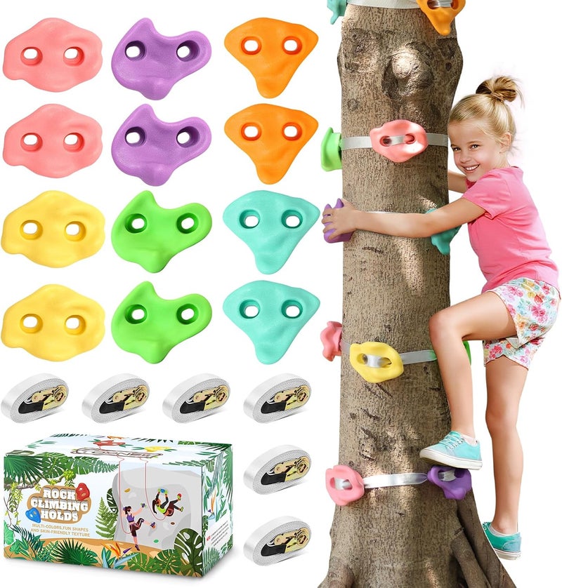TOPNEW 12 Ninja Tree Climbing Holds for Kids Climber, Tree Climbing Kit with 6 Ratchet Straps for Outdoor Ninja Warrior Obstacle Course Training, Pastel Color - Image 1