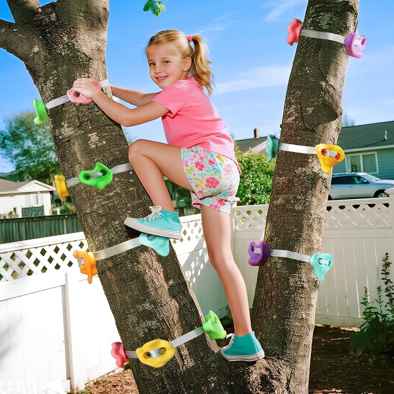 TOPNEW 12 Ninja Tree Climbing Holds for Kids Climber, Tree Climbing Kit with 6 Ratchet Straps for Outdoor Ninja Warrior Obstacle Course Training, Pastel Color - Image 5