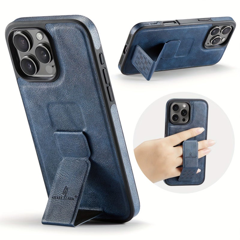 غطاء هاتف أزرق رجعي مقاوم للسقوط مع حامل مغناطيسي لجهاز iPhone 16 - Image 1