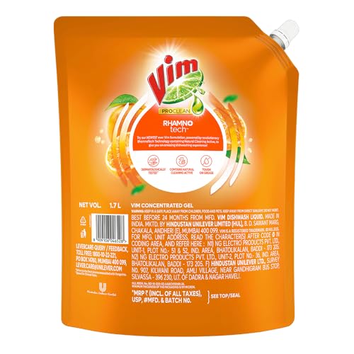 Vim ProClean Dishwash Liquid Gel with Tangerine powered by RhamnoTech™, Gentle on Hands, Removes Tough Grease and Odours, 1700ml - Image 2