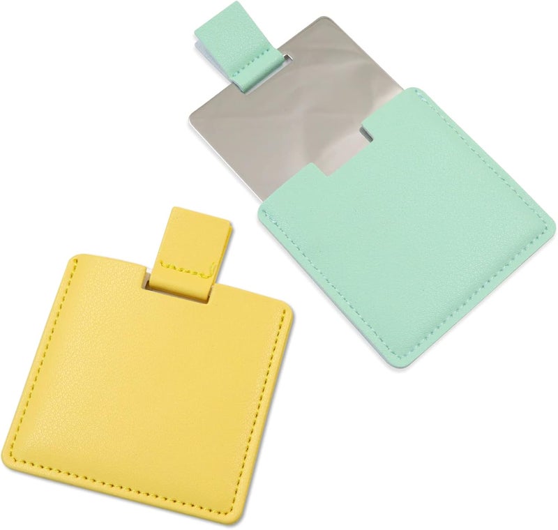 2Pcs Shatterproof Stainless Steel Compact Mirror for Purses, Unbreakable Mirror Travel with PU Leather Case Cover, Handheld Camping Shaving Mirror for Women & Men, Makeup, Gift (Green & Yellow)