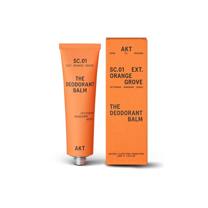 AKT AKT, THE DEODORANT BALM. Award winning, multi-use, natural deodorant. Plastic Free. Gender Free. Aluminium Free. 100% effective — 1 tube lasts up to 3 months. SC.01 ORANGE GROVE. 1.7 Ounce