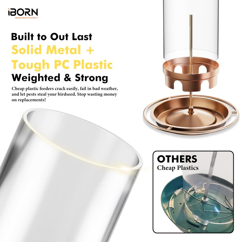 iBorn Bird Feeders for Outdoors Hanging,Metal Bird Feeders for Cardinal Chew Proof 18cm Large Roof&Tray Birdfeeders Outside Hanging,Brushed Copper 6 Port (Seed is not Included) - Image 3