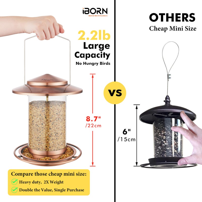iBorn Bird Feeders for Outdoors Hanging,Metal Bird Feeders for Cardinal Chew Proof 18cm Large Roof&Tray Birdfeeders Outside Hanging,Brushed Copper 6 Port (Seed is not Included) - Image 2