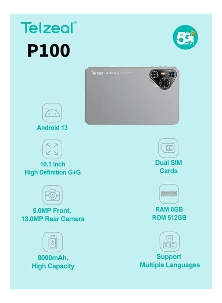 تلزيل P100 10.1" Android 13 Tablet with 5G Wi-Fi, Dual SIM, 8GB RAM, 512GB ROM, 8000mAh Battery, Wireless Keyboard & Mouse, Lightweight Office Bundle – Grey - Image 3