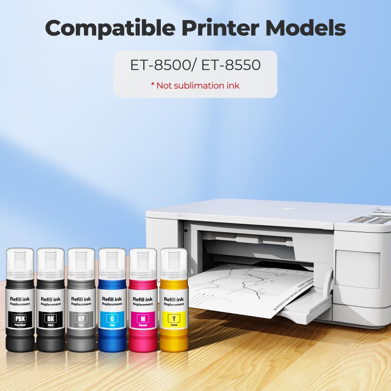 Topcolor Compatible for EPT552 Ink Bottles 6 Pack ET-8550 ET-8500 Replacement for EPT552 Ink Refill Bottle Work for Photo ET 8550 ET8550 Photo ET 8500 ET8500 8550 8500 Printers (BK PB C M Y GY) - Image 2