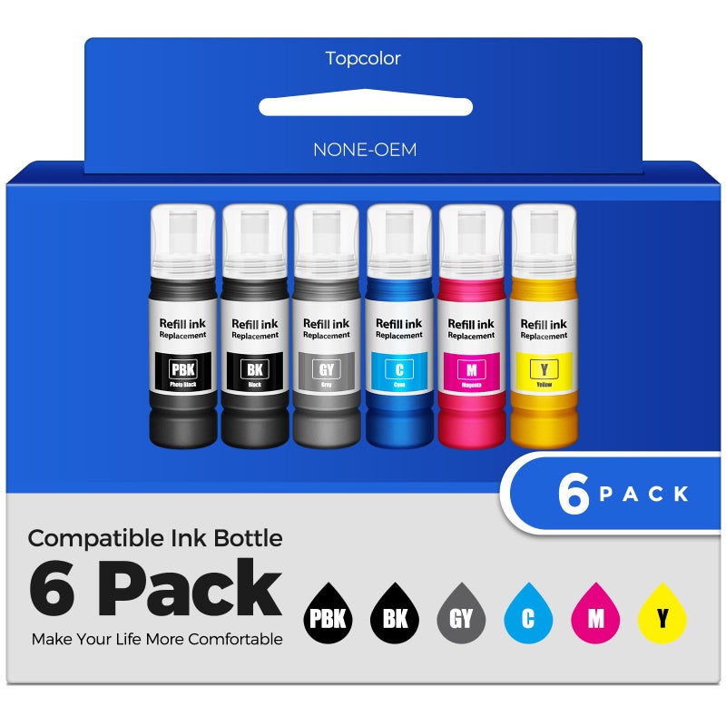 Topcolor Compatible for EPT552 Ink Bottles 6 Pack ET-8550 ET-8500 Replacement for EPT552 Ink Refill Bottle Work for Photo ET 8550 ET8550 Photo ET 8500 ET8500 8550 8500 Printers (BK PB C M Y GY) - Image 1