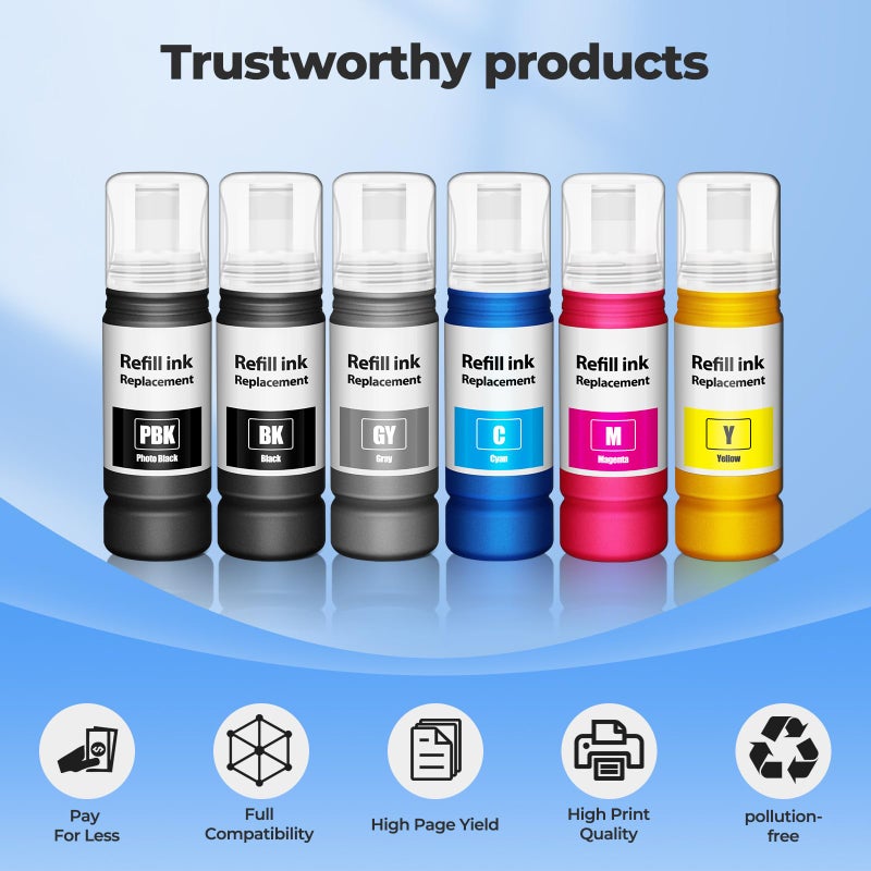 Topcolor Compatible for EPT552 Ink Bottles 6 Pack ET-8550 ET-8500 Replacement for EPT552 Ink Refill Bottle Work for Photo ET 8550 ET8550 Photo ET 8500 ET8500 8550 8500 Printers (BK PB C M Y GY) - Image 5