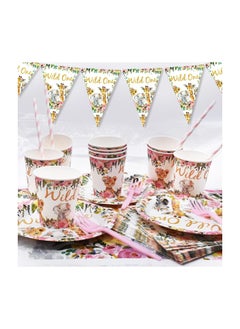 KASTWAVE Jungle Animal Party Supplies 63 PCS Wild One Party Reusable Tableware Plates Paper Cups Napkins Tablecloth Straws Pennants Forks Set for Girls Kids Birthday Baby Shower Dinner Dessert Party Supplies  - Image 5