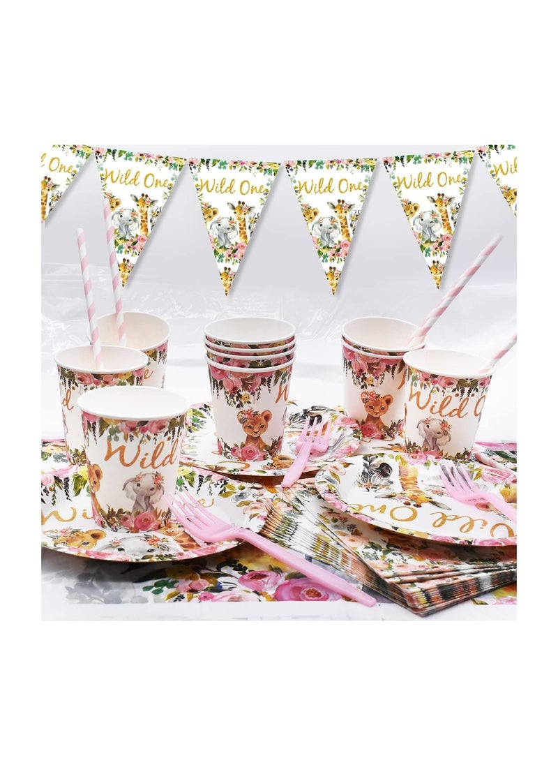 KASTWAVE - Jungle Animal Party Supplies 63 PCS Wild One Party Reusable Tableware Plates Paper Cups Napkins Tablecloth Straws Pennants Forks Set for Girls Kids Birthday Baby Shower Dinner Dessert Party Supplies - Image 1