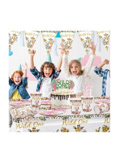 KASTWAVE Jungle Animal Party Supplies 63 PCS Wild One Party Reusable Tableware Plates Paper Cups Napkins Tablecloth Straws Pennants Forks Set for Girls Kids Birthday Baby Shower Dinner Dessert Party Supplies  - Image 2