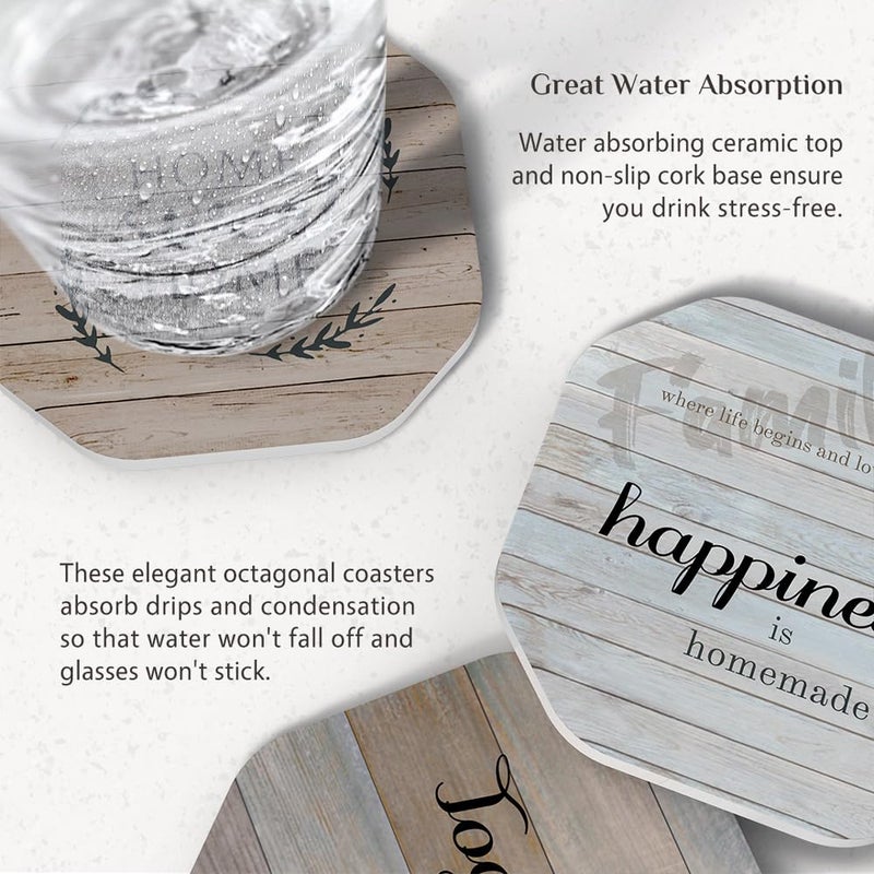 UMIRRO Rustic Farmhouse Coasters for Coffee Table Decor  Ceramic Coaster Set with Holder for Wooden Table  Cute Cup Coasters for Drinks Absorbent  Housewarming Gifts for New House/Home  4""  6 Pack - Image 3