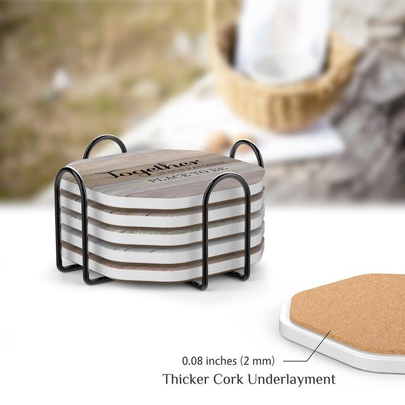 UMIRRO Rustic Farmhouse Coasters for Coffee Table Decor  Ceramic Coaster Set with Holder for Wooden Table  Cute Cup Coasters for Drinks Absorbent  Housewarming Gifts for New House/Home  4""  6 Pack - Image 5