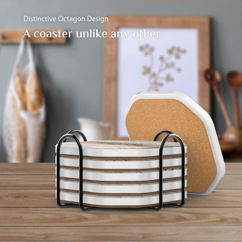 UMIRRO Rustic Farmhouse Coasters for Coffee Table Decor  Ceramic Coaster Set with Holder for Wooden Table  Cute Cup Coasters for Drinks Absorbent  Housewarming Gifts for New House/Home  4""  6 Pack - Image 4