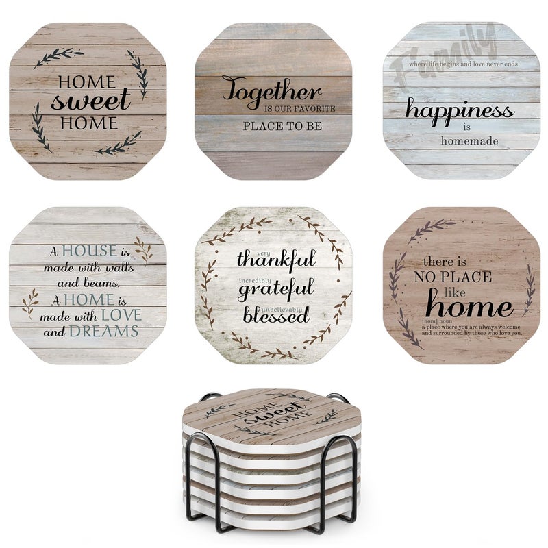 UMIRRO Rustic Farmhouse Coasters for Coffee Table Decor  Ceramic Coaster Set with Holder for Wooden Table  Cute Cup Coasters for Drinks Absorbent  Housewarming Gifts for New House/Home  4""  6 Pack - Image 1